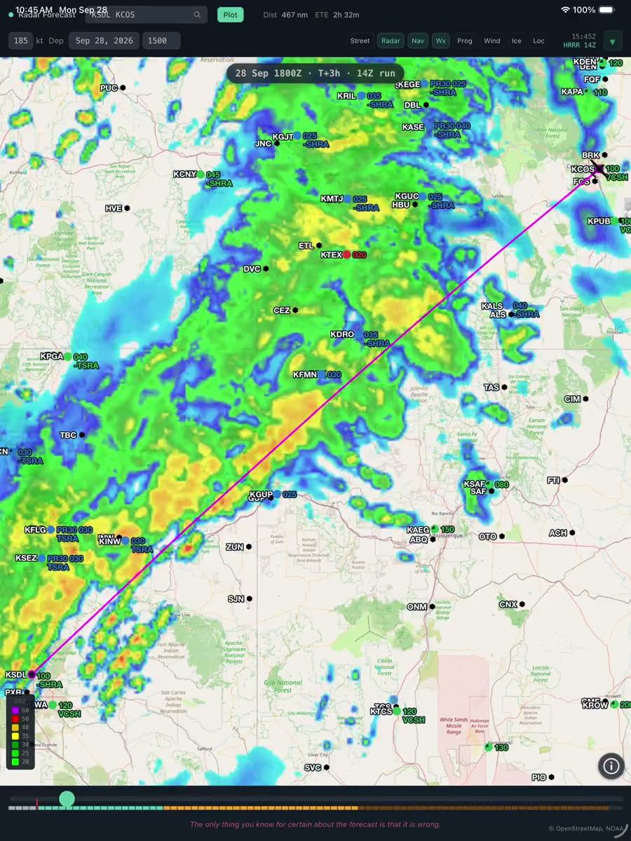Radar Forecast on iPad, a route drawn across a line of storms