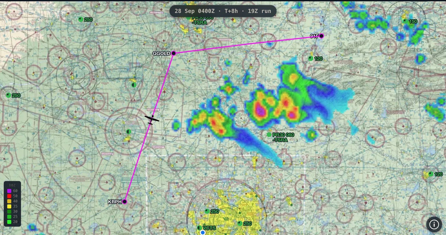 A sectional chart with forecast radar and a magenta course line from KRPH through GGOLD to 91F, an aircraft partway along the first leg