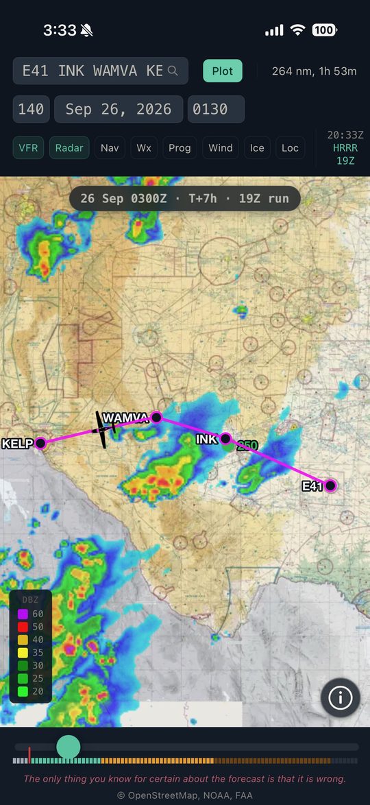 A plotted route with forecast radar along it
