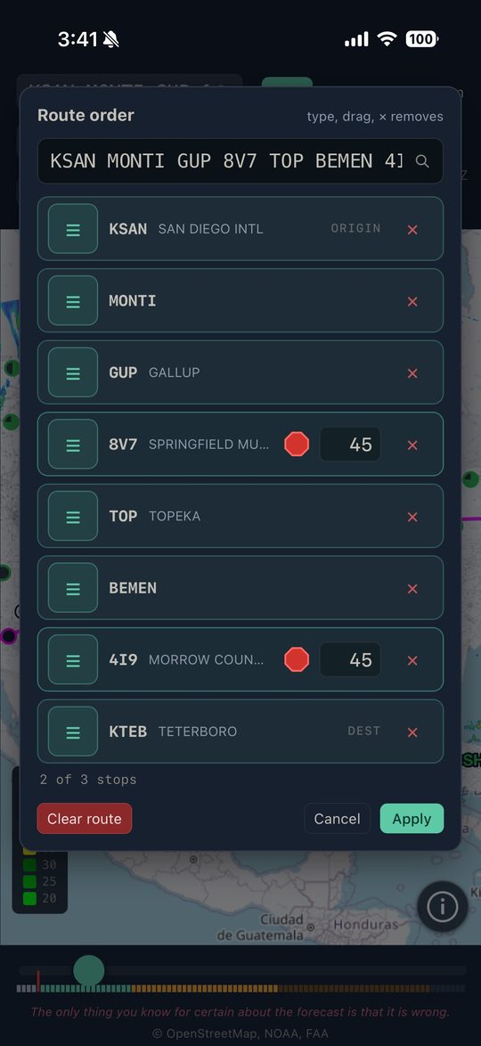 The route planner with stops and ground times