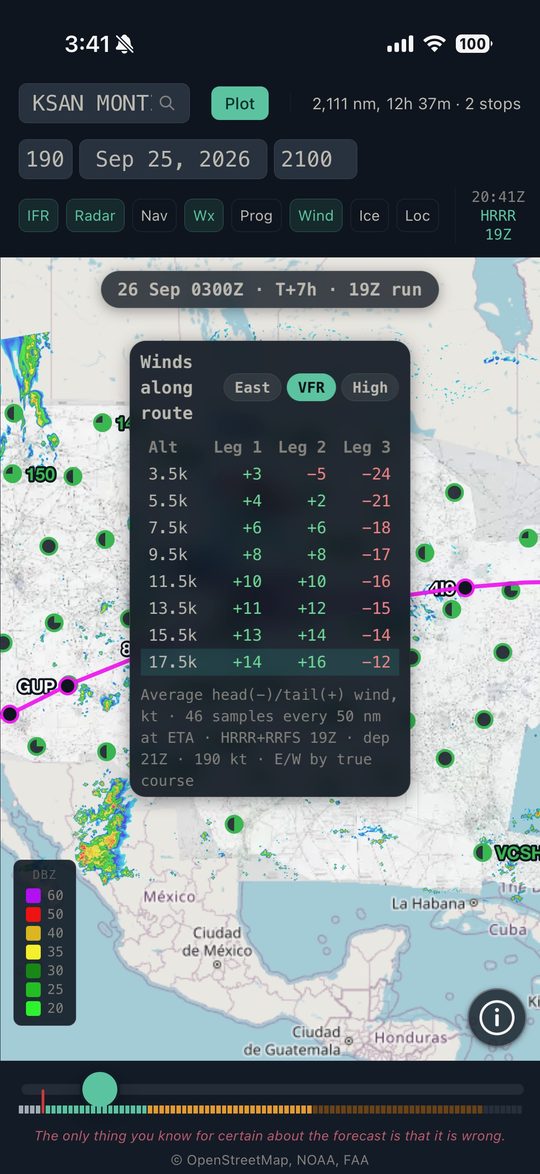Winds aloft table showing head and tail wind by leg