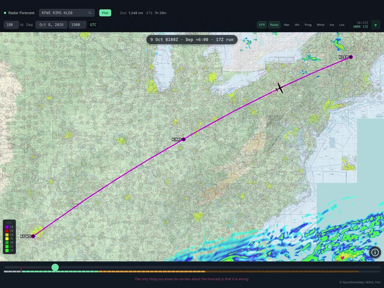 Radar Forecast on iPad: a route from Fort Worth to Lebanon, New Hampshire on the VFR sectional